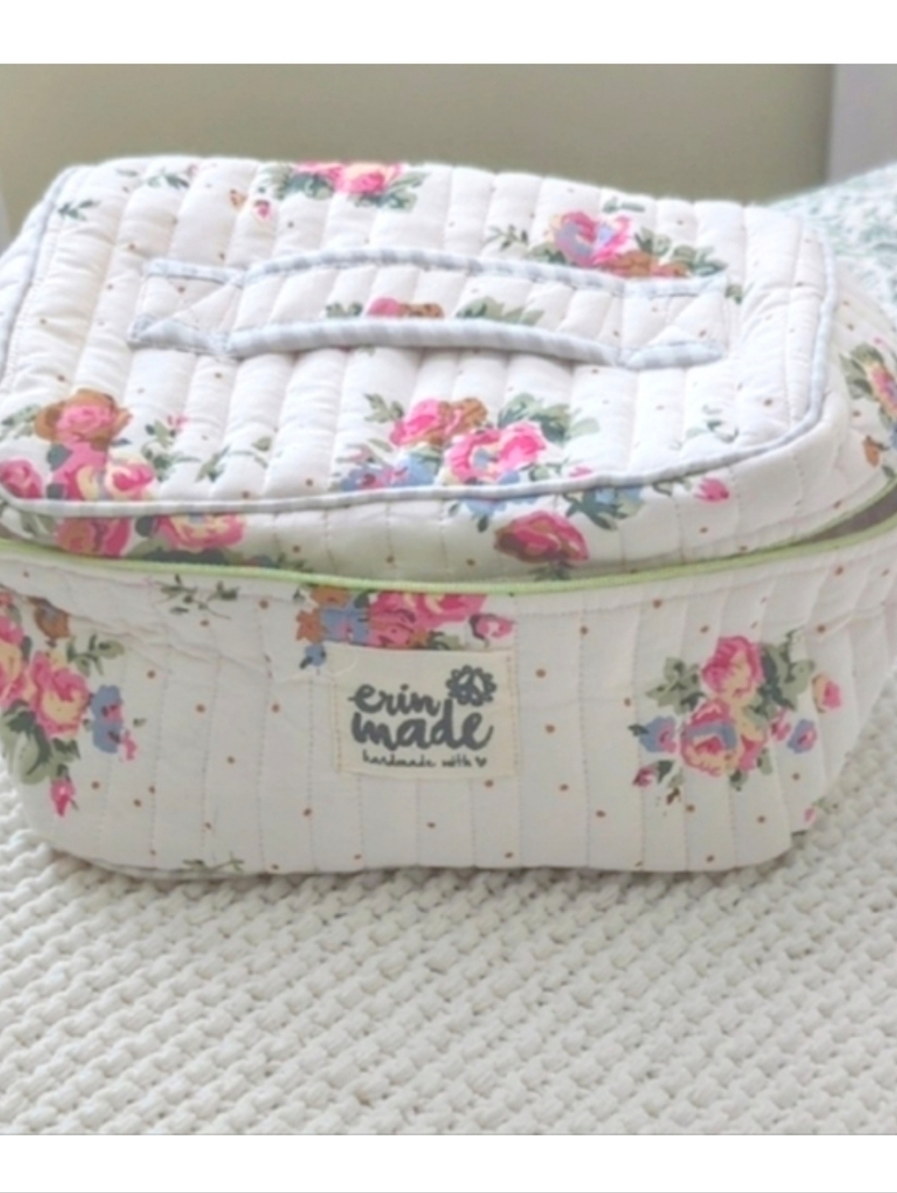 Erin Made Floral Quilted Cosmetic Case in White with Pink Roses